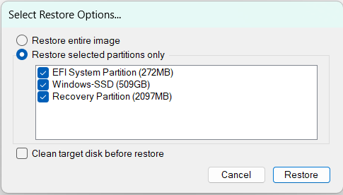 Restore selected partitions
